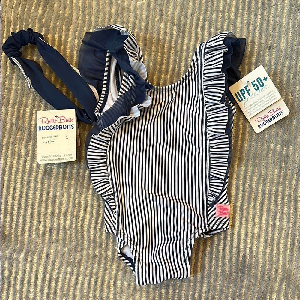 Ruffle Butts Blue and White One Piece Swimsuit with Ruffles